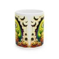 Monster Ceramic Mug — Cute Green Creature with Pumpkins & Bats