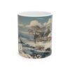 Vintage Winter Scene Ceramic Mug – Snowman & Cozy Cottage