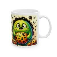Monster Ceramic Mug — Cute Green Creature with Pumpkins & Bats