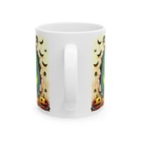 Monster Ceramic Mug — Cute Green Creature with Pumpkins & Bats