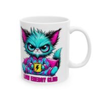 Cute Cyber Kitty Ceramic Mug — “Low Battery Club” Colorful Cat Coffee Cup