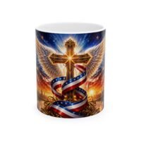 Patriotic Christian Cross Mug — Angel Wings & American Flag Ribbon