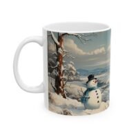 Vintage Winter Scene Ceramic Mug – Snowman & Cozy Cottage