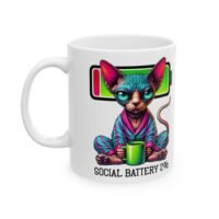 Social Battery Low Cat Mug — Sphynx Cat Battery Graphic Ceramic Coffee Cup